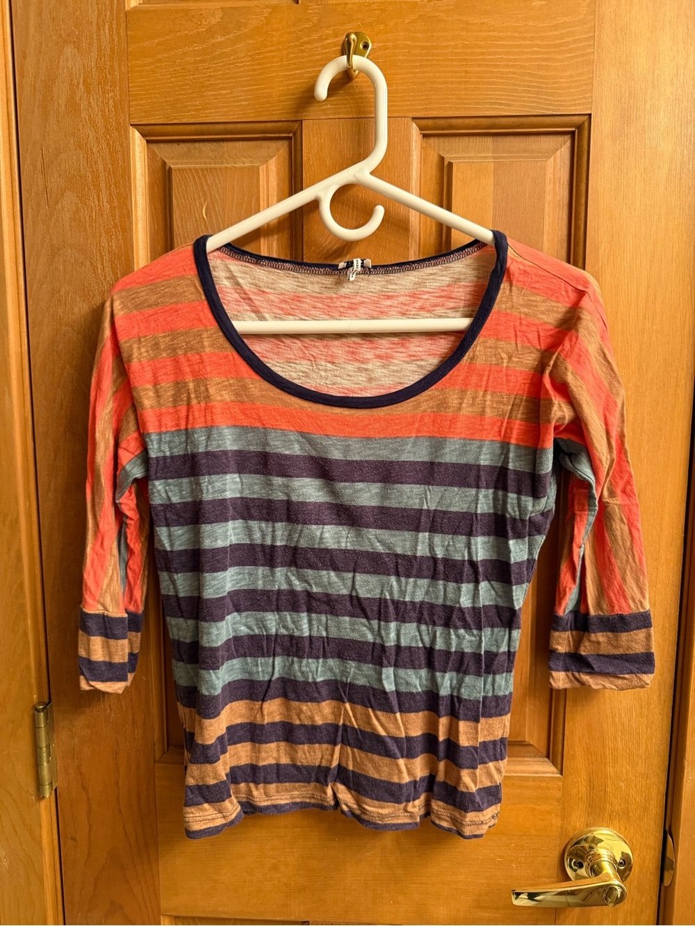 Splendid Striped Scoop Neck 3/4 Sleeve Top in Coral, Navy, Teal and Tan